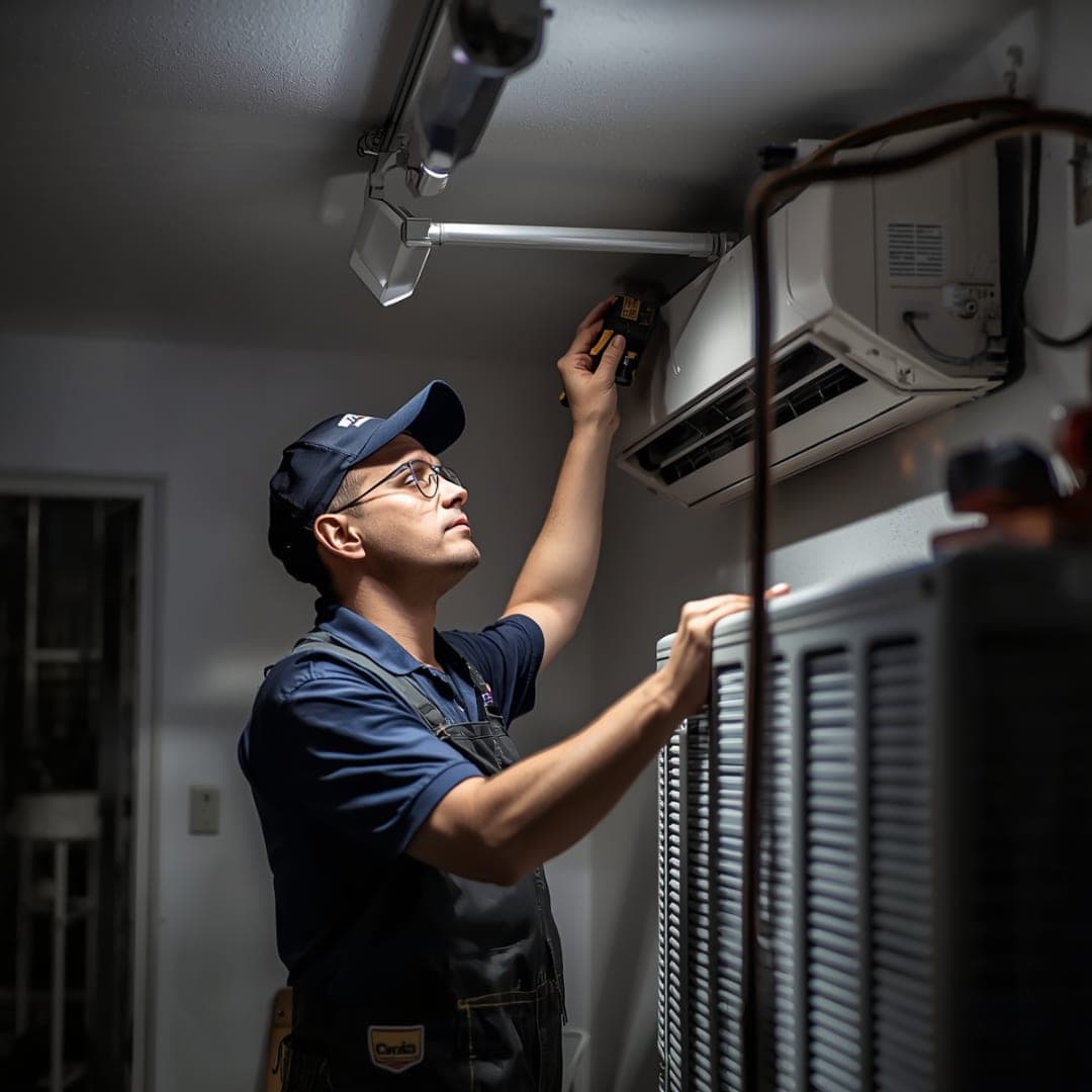 Airco-monteur monteert een binnenunit met accuschroevendraaier
