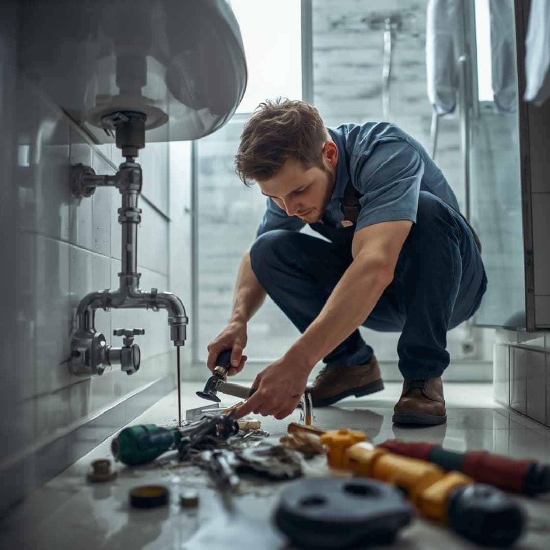 Loodgieter installeert leidingen in een badkamer