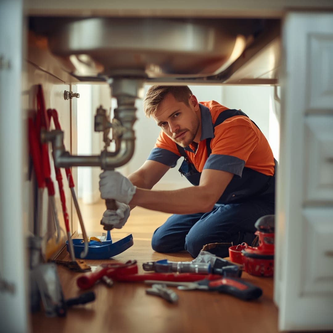 Loodgieter werkt onder een keukenwastafel aan de leidingen